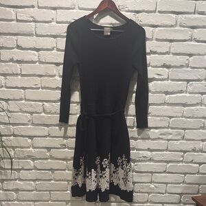 Taylor Black Long Sleeve Sweater Dress with White and Tan floral print